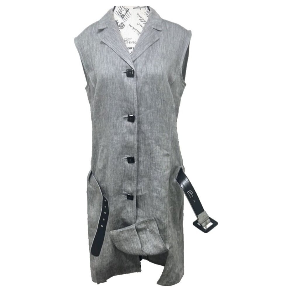Genny Italy Linen Dress Size 8 Grey Belted Knee-Length - Picture 4 of 16